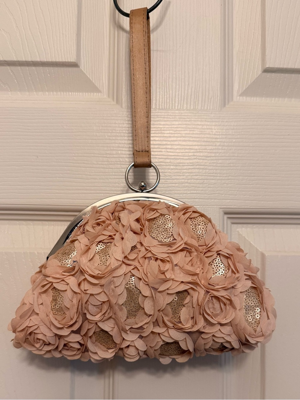 Jessica McClintock 3D Floral Appliqué Wristlet Clutch in Rose Gold